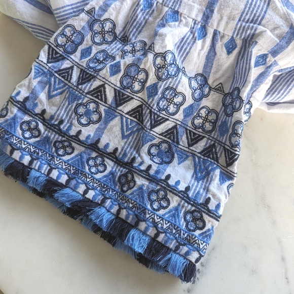 Neiman Marcus Blue & White Striped Boho Fringe Embroidered Sleeve Dress - Picture 5 of 7